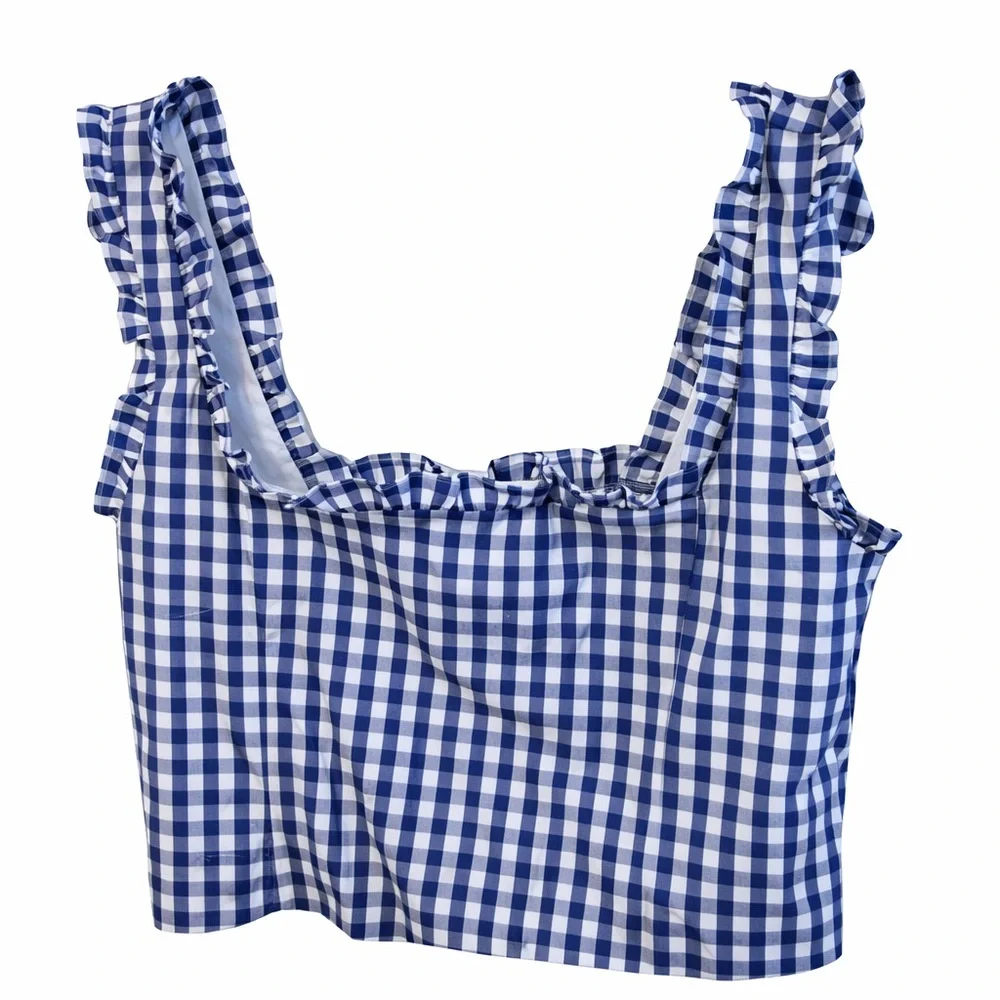 J.Crew Blue Gingham Smocked Ruffle Strap Top Size Large NWT Re-Imagined - Picture 3 of 14